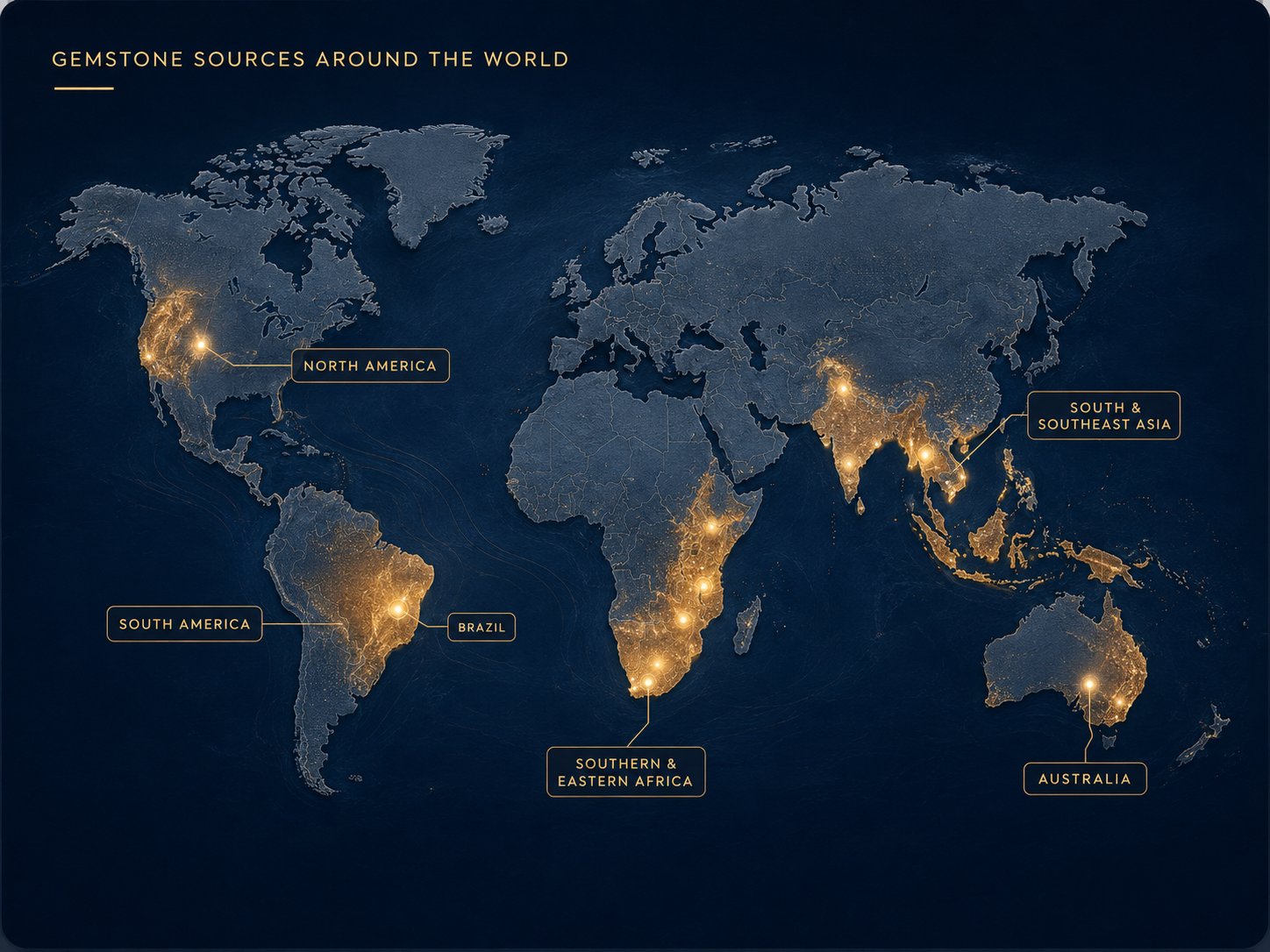 World map showing important gemstone producing regions including Africa, Asia, South America, North America and Australia