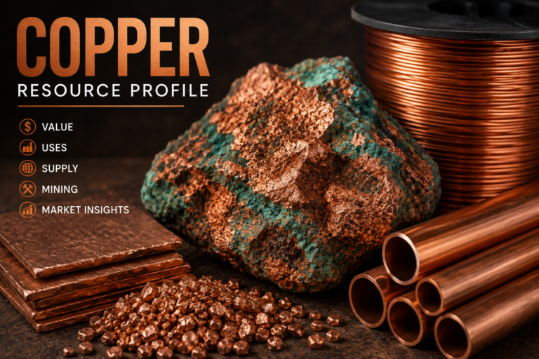 Copper ore, wire, pipes, plates, and copper granules representing copper value, uses, supply, mining, and markets