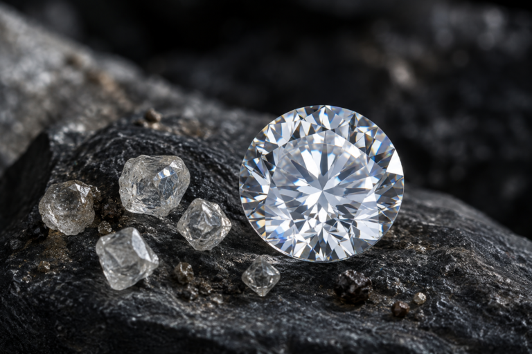 Polished diamond and rough natural diamonds on dark mineral rock