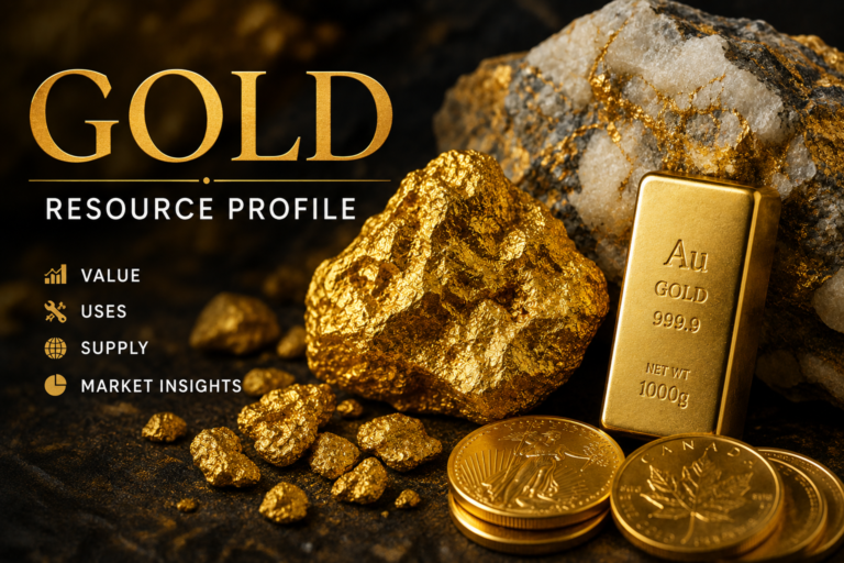 Gold nuggets, bullion, coins, and gold-bearing ore representing the value, uses, supply, and market for gold