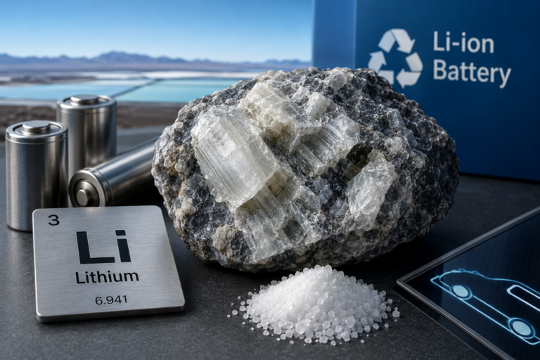 Lithium-bearing mineral, battery cells, lithium compounds, and electric vehicle technology