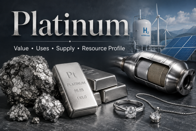 Platinum ore, bullion, jewelry, automotive catalyst, and hydrogen technology