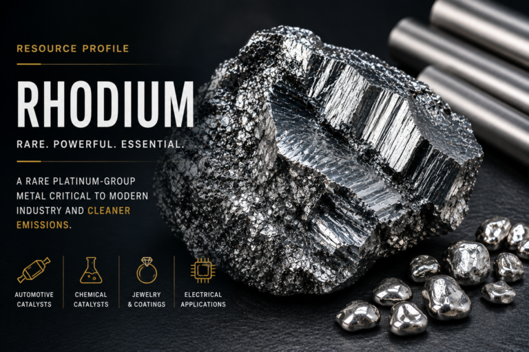 Rhodium metal and refined platinum-group material representing automotive catalysts, industrial uses, supply, and value