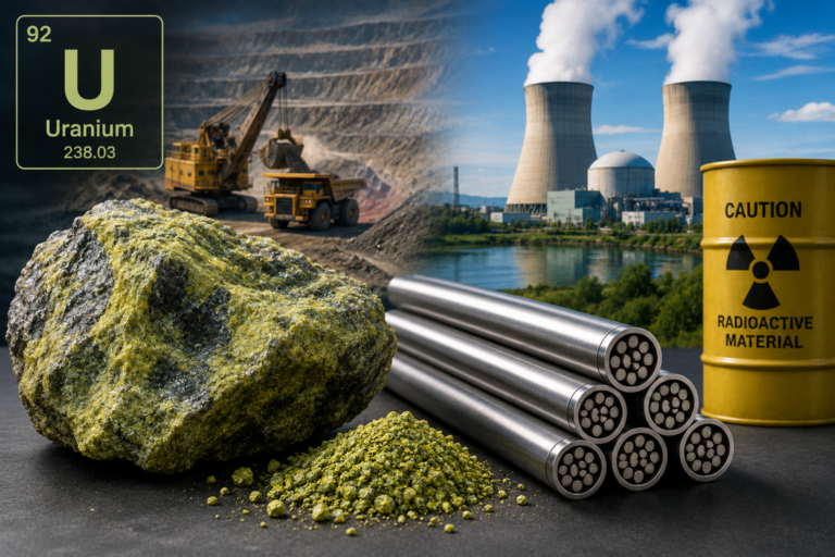 Uranium ore, nuclear fuel rods, uranium mining, and nuclear power generation