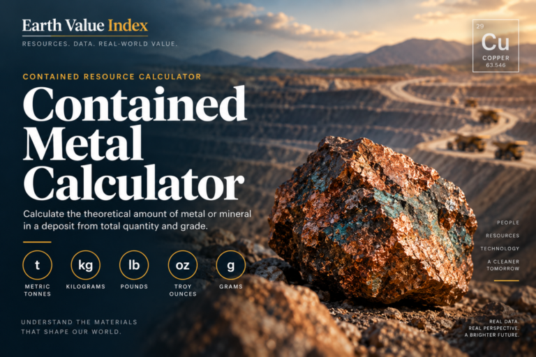 Earth Value Index Contained Metal Calculator feature graphic with copper ore, open-pit mine, and contained resource units