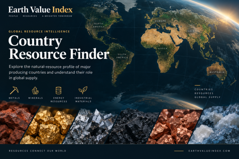 Earth Value Index Country Resource Finder feature graphic with world map, resource categories, and mineral samples