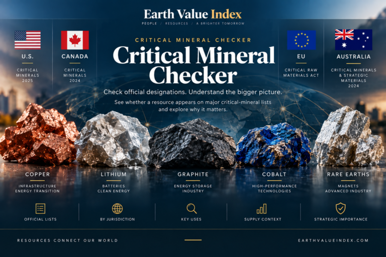 Earth Value Index Critical Mineral Checker feature graphic with copper, lithium, graphite, cobalt, rare earths, and major critical-mineral jurisdictions
