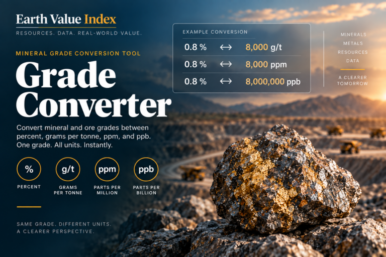 Earth Value Index Grade Converter feature graphic with mineral ore, open-pit mine, and grade conversion units