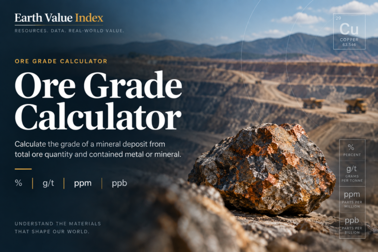Earth Value Index Ore Grade Calculator feature graphic with copper ore, open-pit mine, and grade units