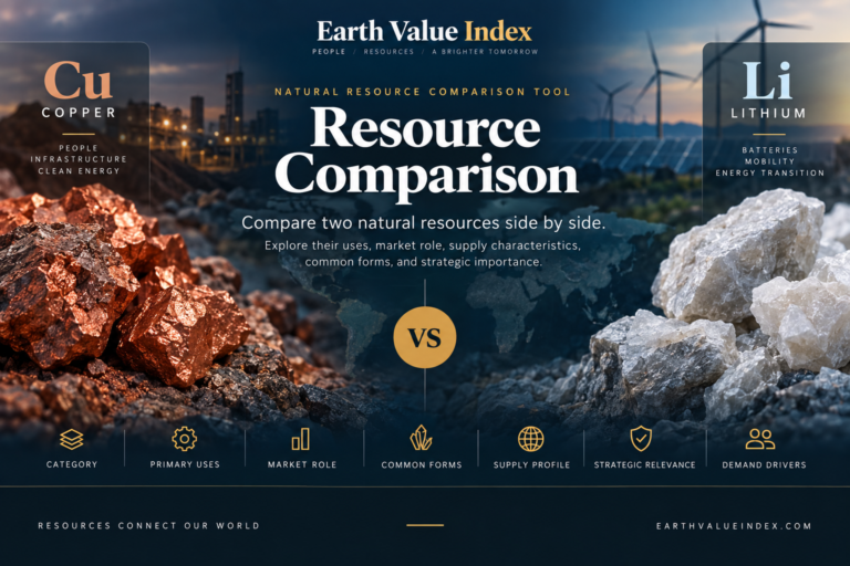 Earth Value Index Resource Comparison feature graphic comparing copper and lithium across uses, supply, market role, and strategic relevance