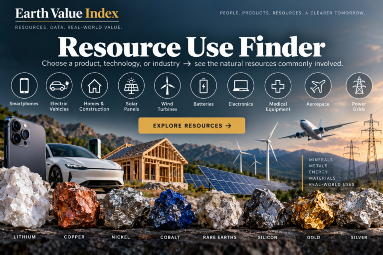 Earth Value Index Resource Use Finder feature graphic showing products, infrastructure, and the natural resources used in them